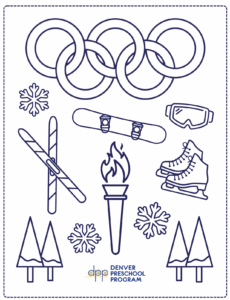 Olympic rings and winter sports graphics to color 